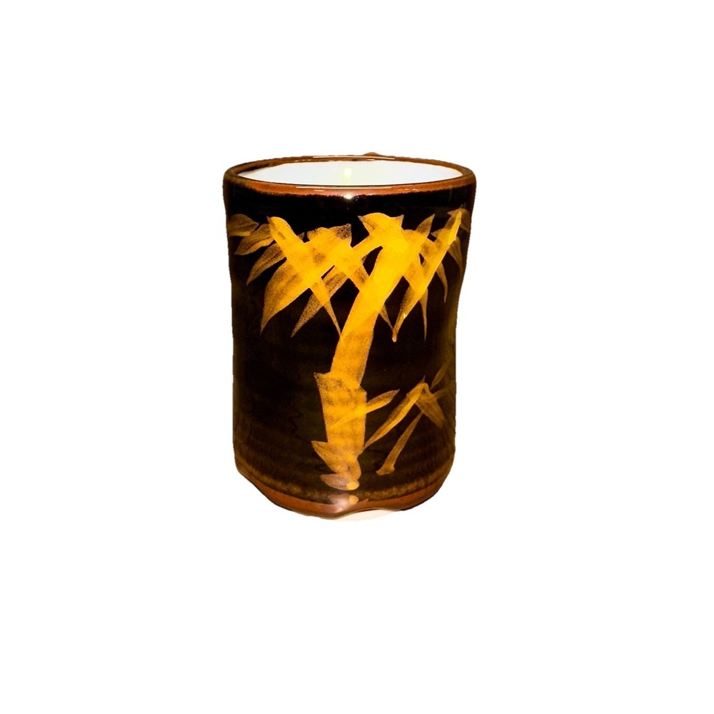 Studio Pottery Tumbler Mug Bamboo Palm Cup Brown Yellow Artisan Handmade Concave